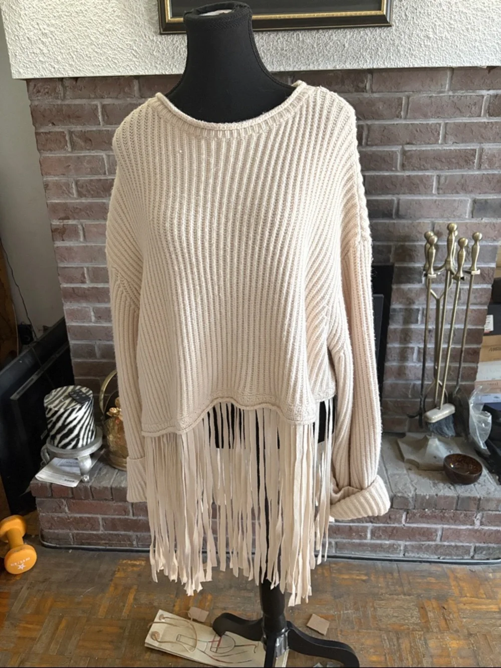 Beige Fringe Rib-Knit Women's Sweater - Picture 1 of 4